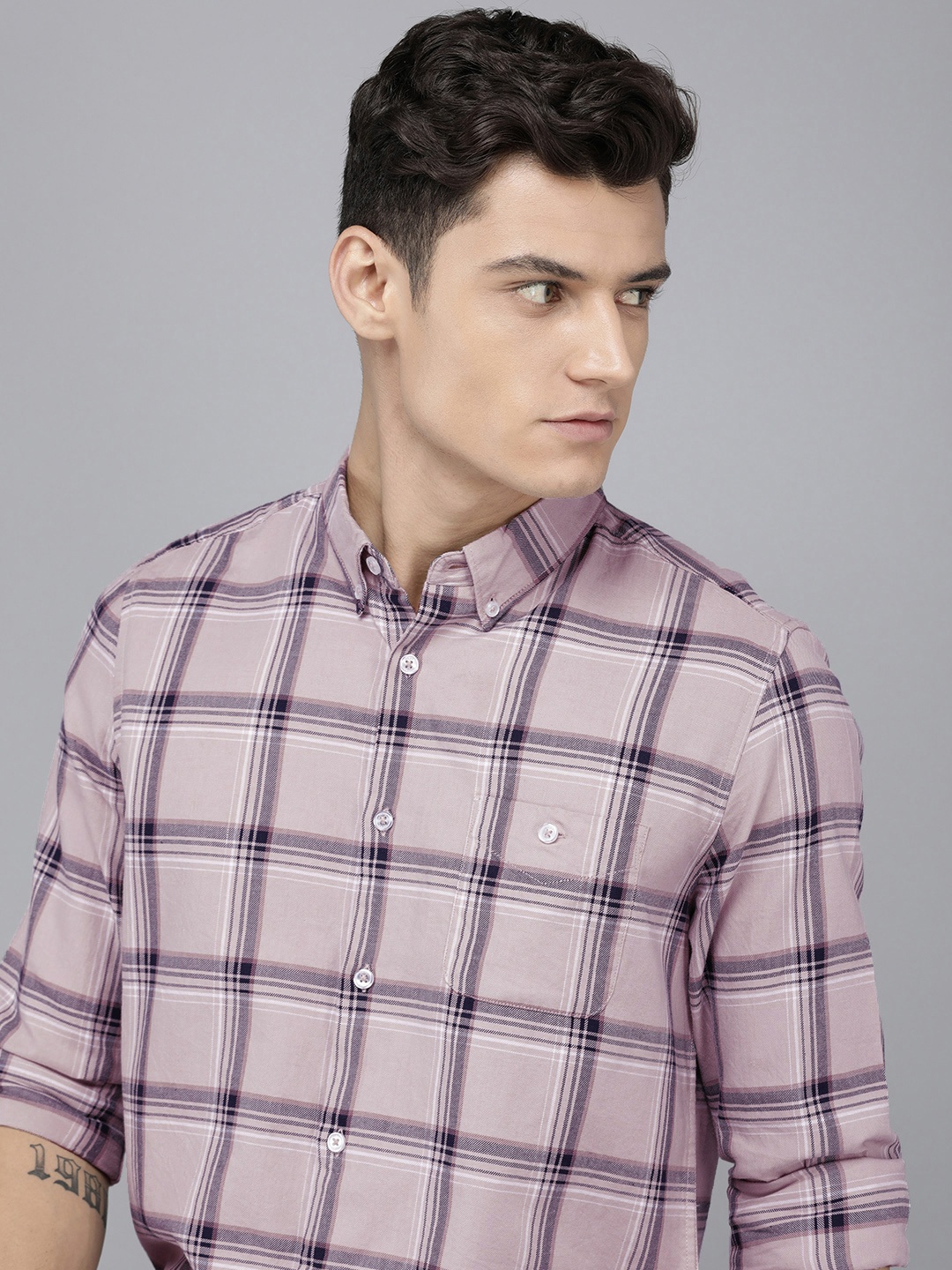 

THE BEAR HOUSE Men Slim Fit Checked Pure Cotton Casual Shirt, Pink