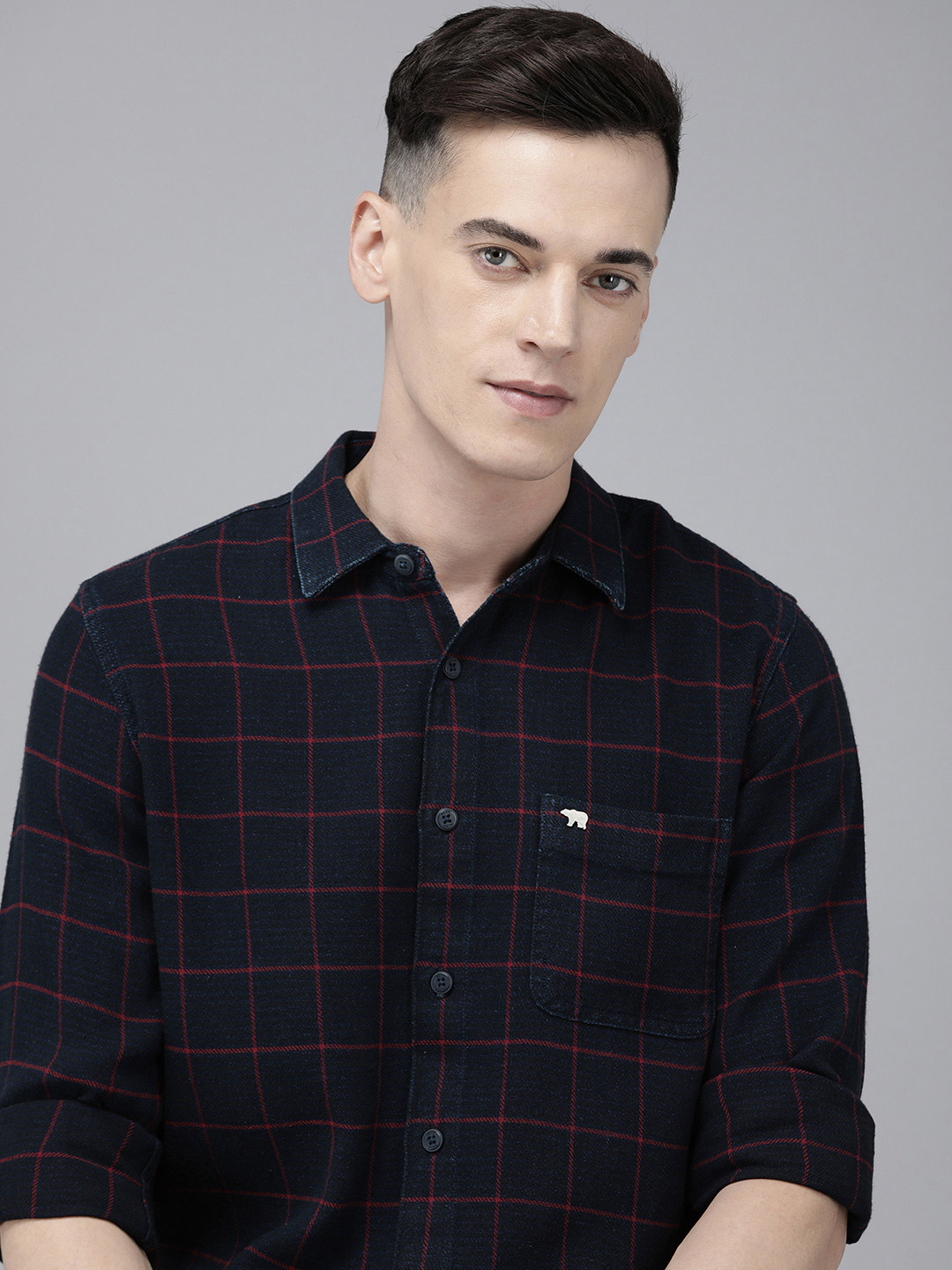 

THE BEAR HOUSE Men Slim Fit Windowpane Checked Pure Cotton Casual Shirt, Navy blue