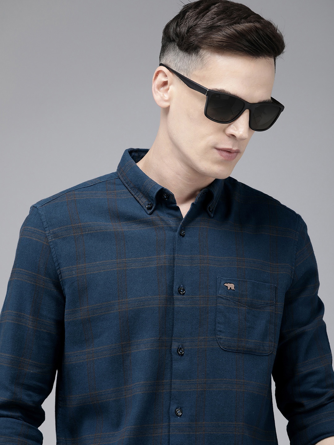 

THE BEAR HOUSE Men Slim Fit Checked Pure Cotton Casual Shirt, Blue