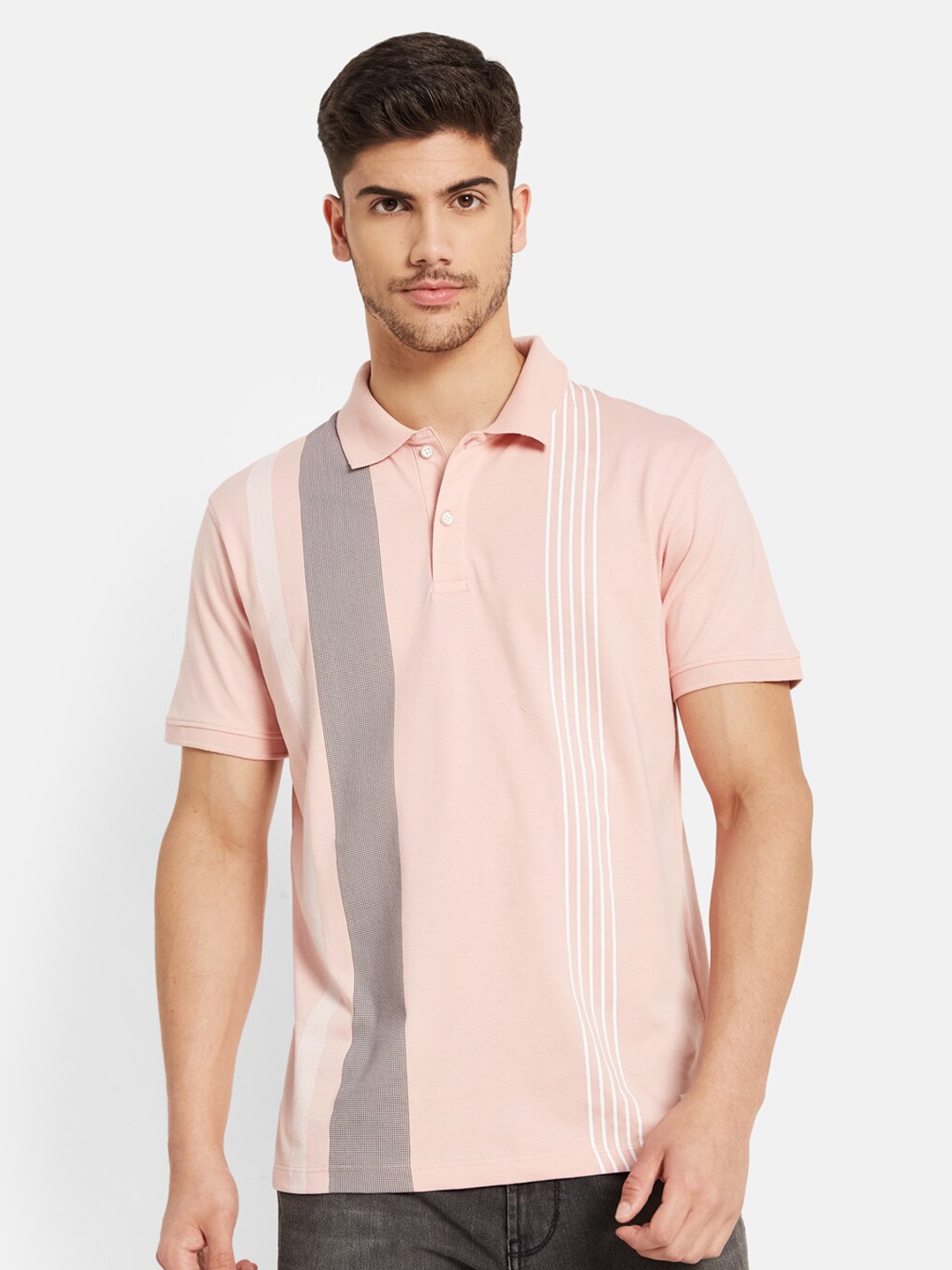 

Octave Striped Polo Collar Cotton Casual T-shirt, Pink