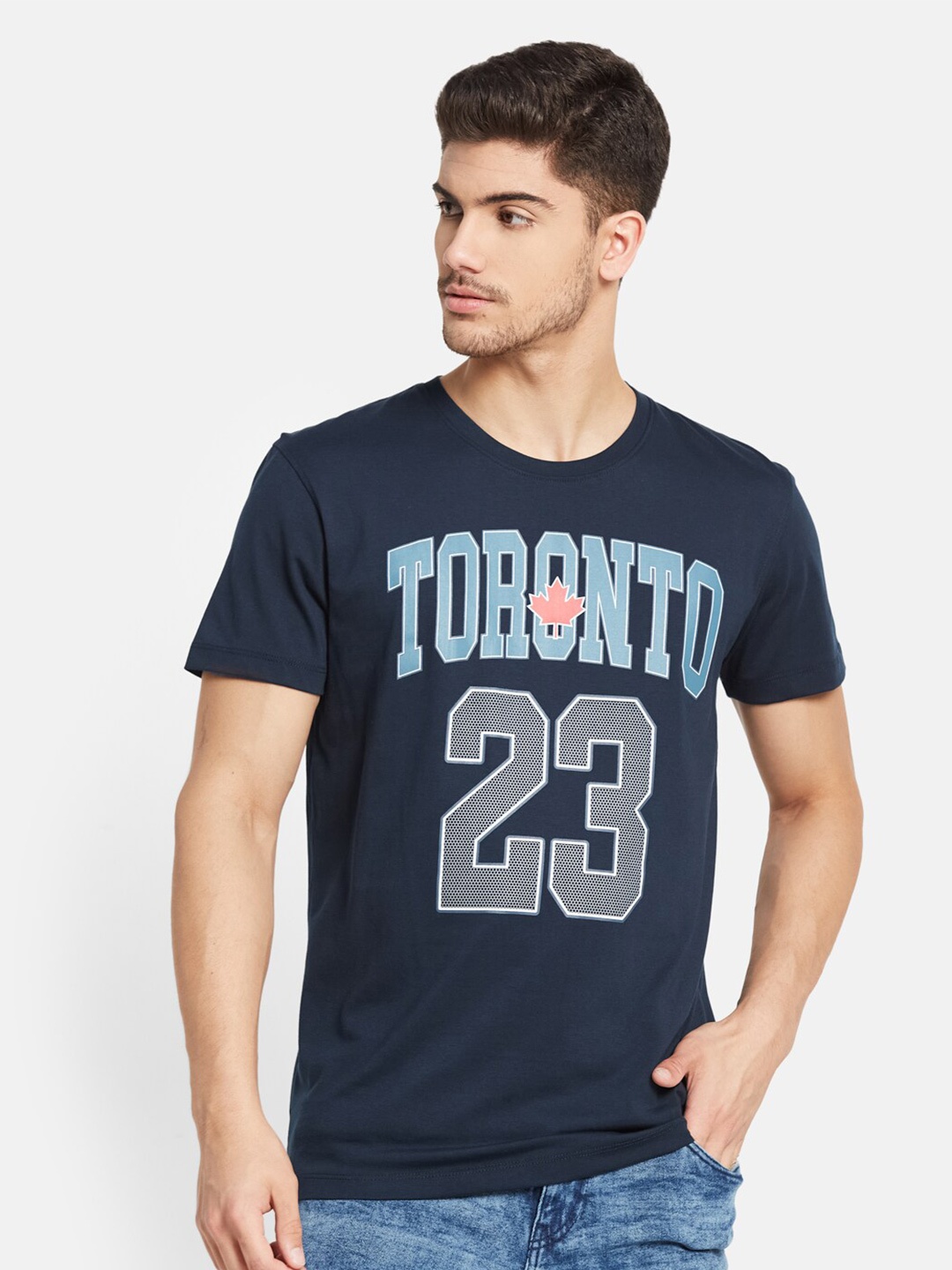 

Octave Typography Printed Cotton T-shirt, Navy blue