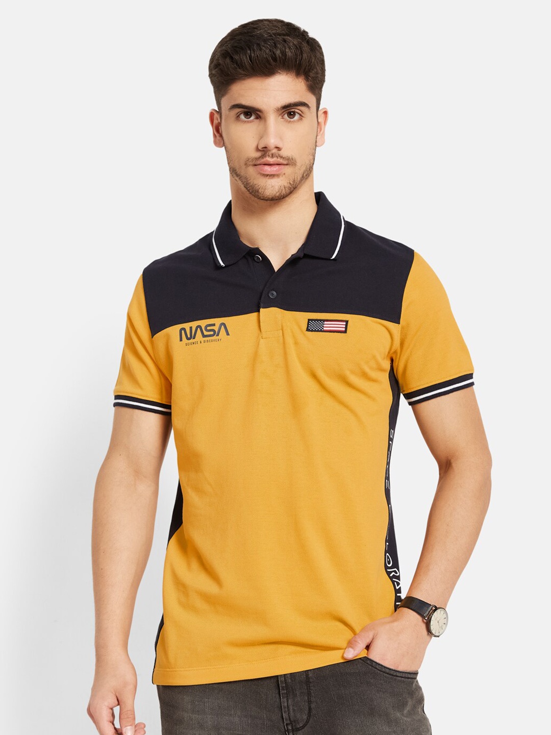 

Octave Colourblocked Polo Collar Cotton T-shirt, Yellow