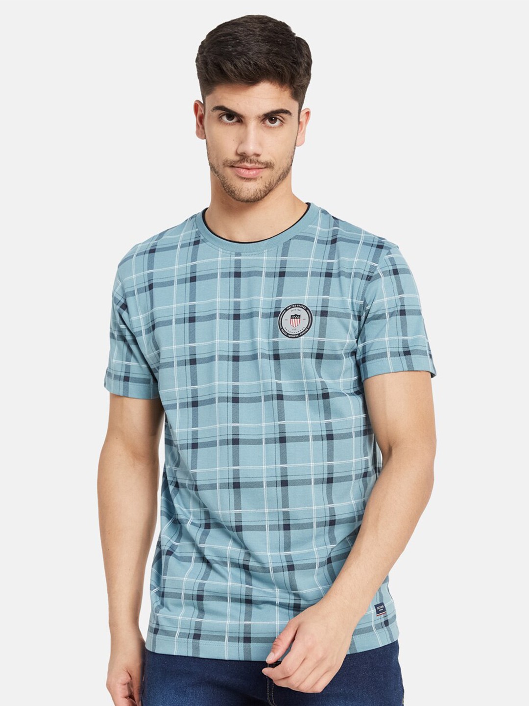 

Octave Checked Casual Cotton T-shirt, Blue