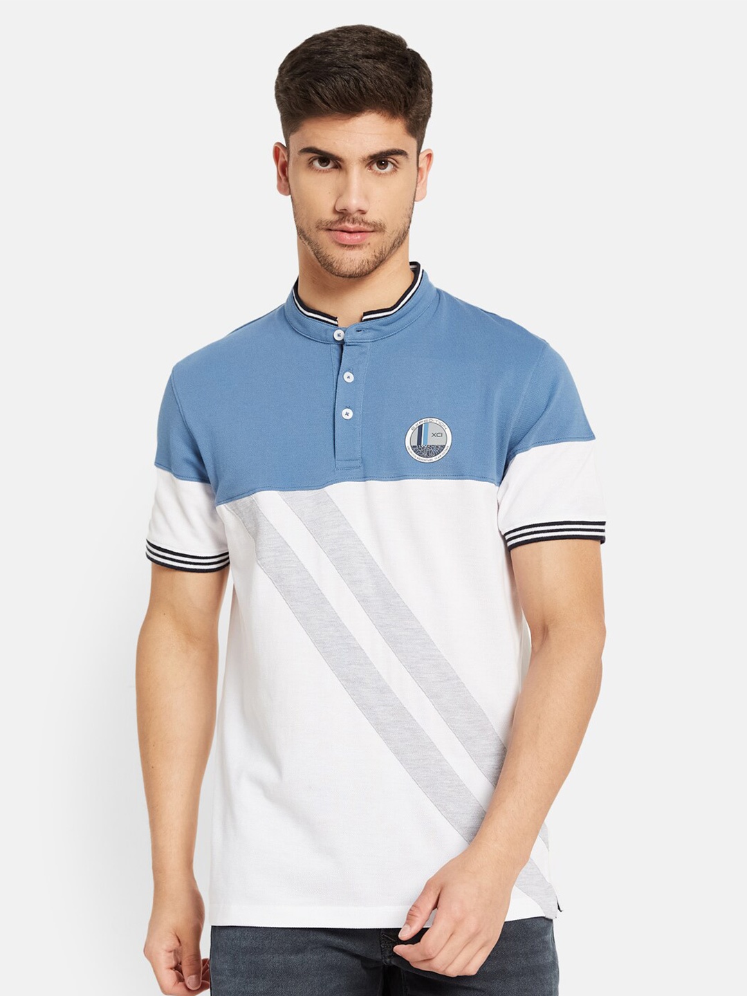 

Octave Polo Collar Colourblocked Casual Cotton T-shirt, Blue