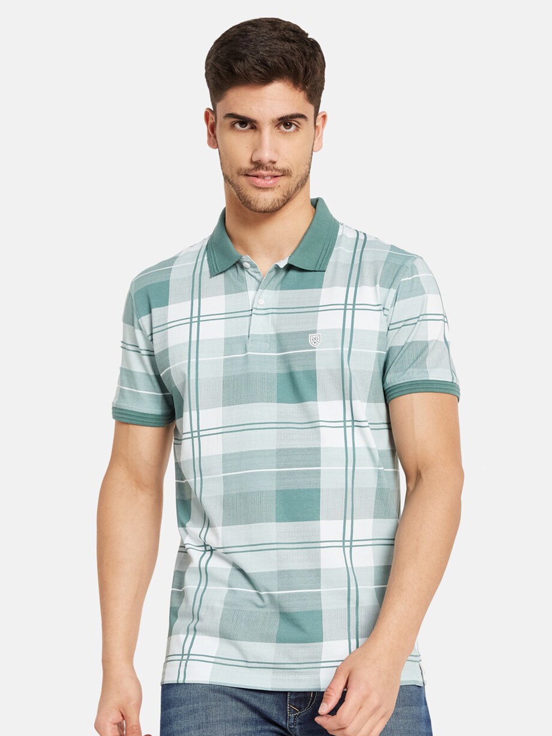 

Octave Checked Polo Collar Cotton T-shirt, Green