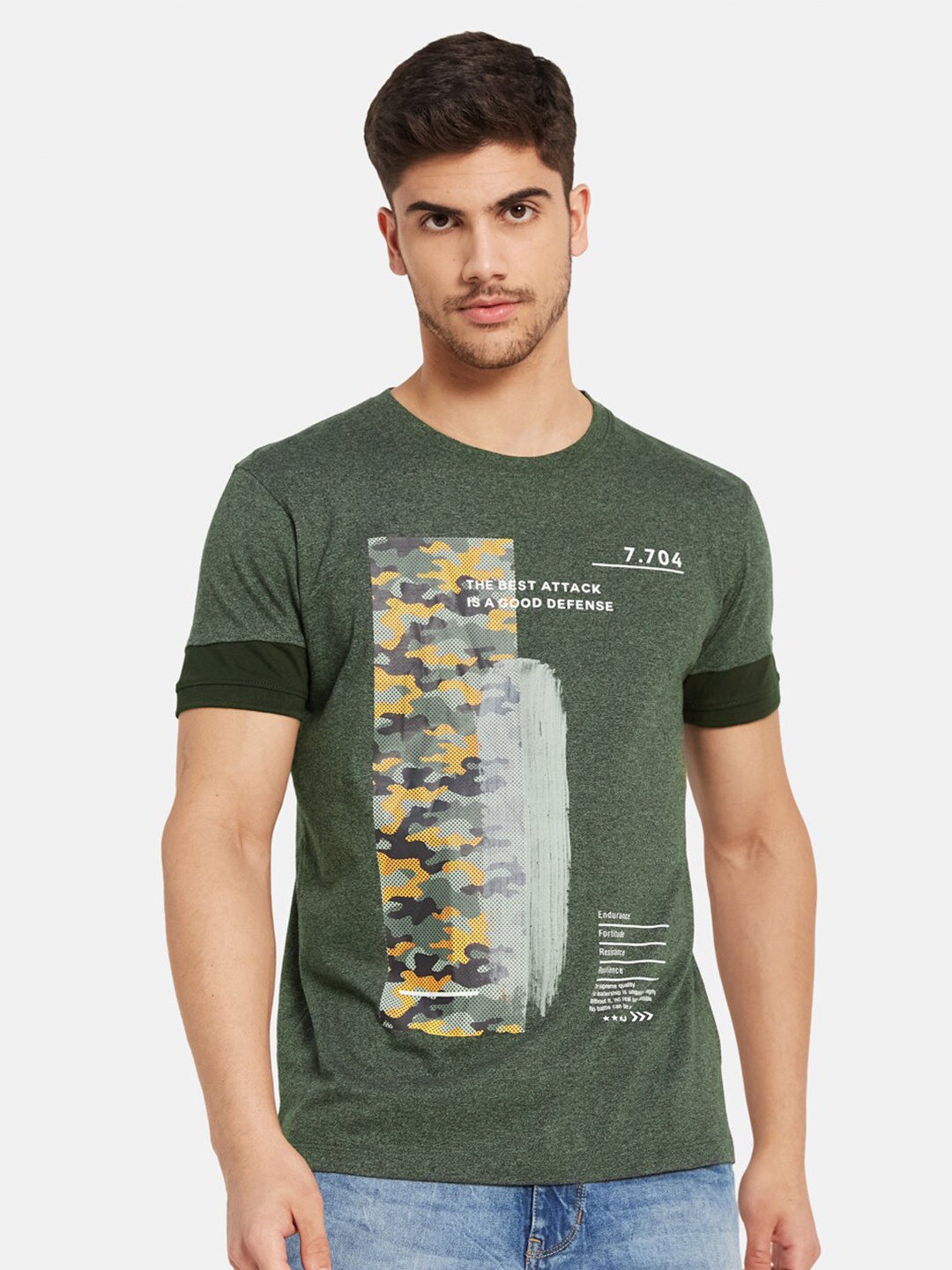 

Octave Graphic Printed Cotton T-shirt, Olive