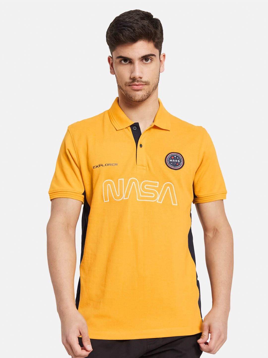 

Octave Nasa Typography Printed Polo Collar Cotton T-shirt, Yellow