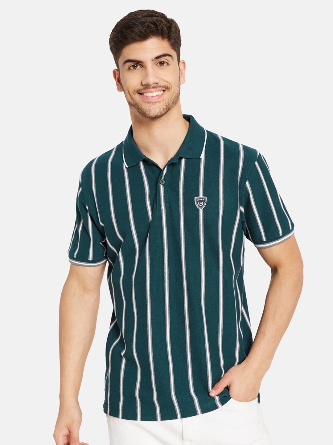 

Octave Striped Polo Collar Cotton T-shirt, Green
