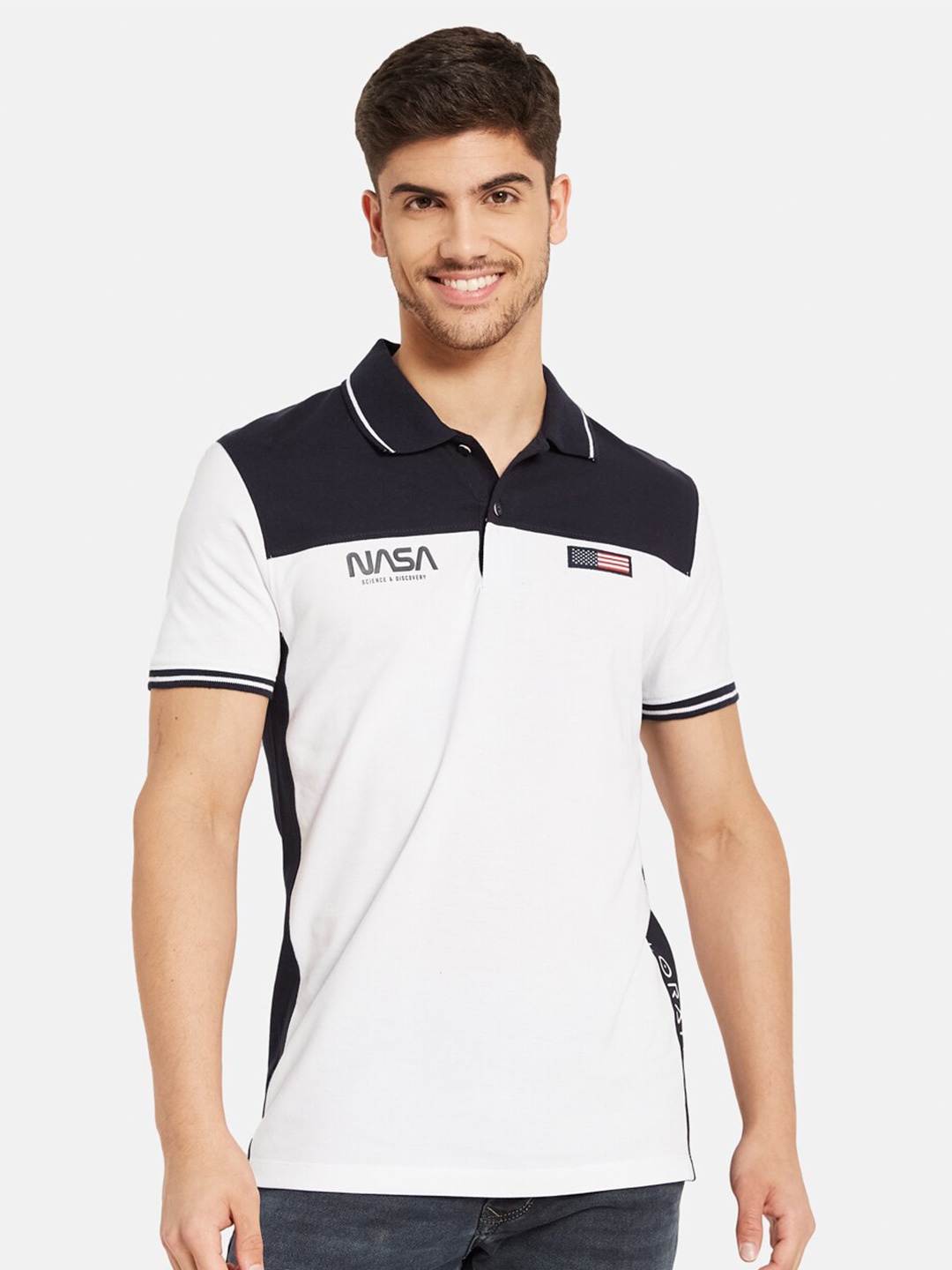 

Octave Colourblocked Polo Collar Monochrome Cotton T-shirt, White