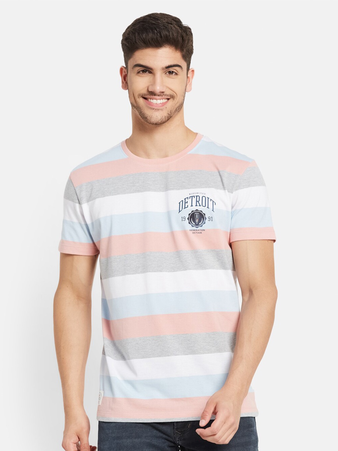

Octave Striped Round Neck Cotton T-shirt, Pink
