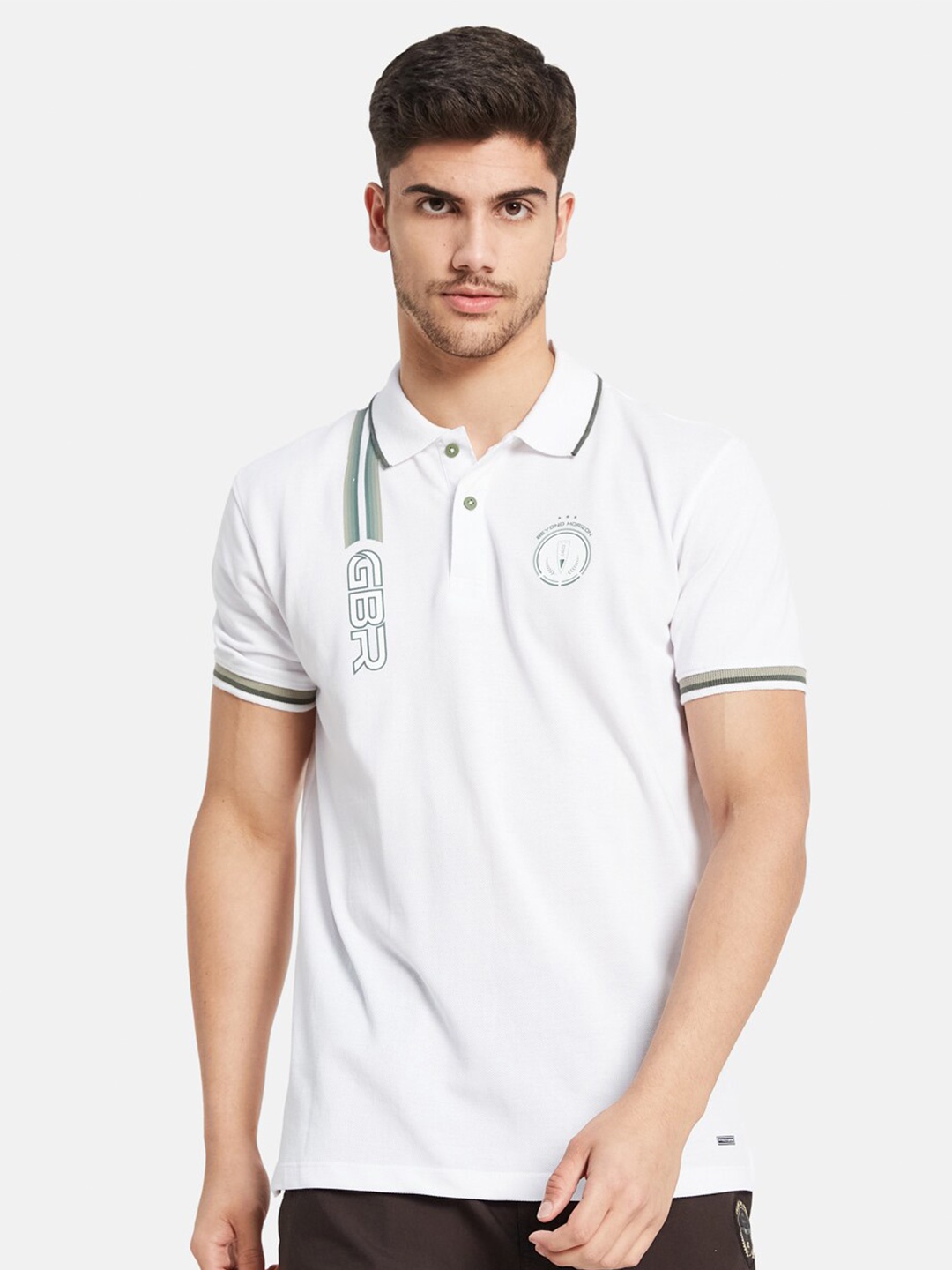 

Octave Typography Printed Polo Collar Short Sleeves Cotton T-shirt, White