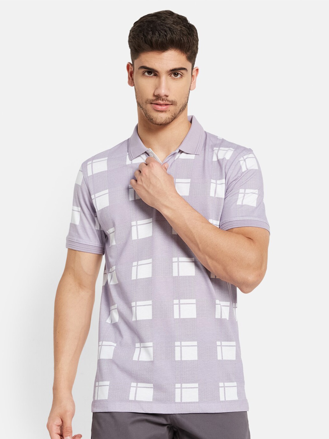 

Octave Geometric Printed Polo Collar Cotton T-shirt, Purple