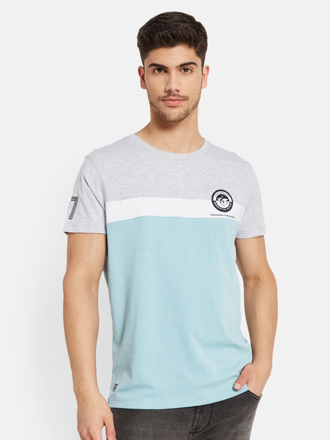 

Octave Men Green Extended Sleeves Applique T-shirt