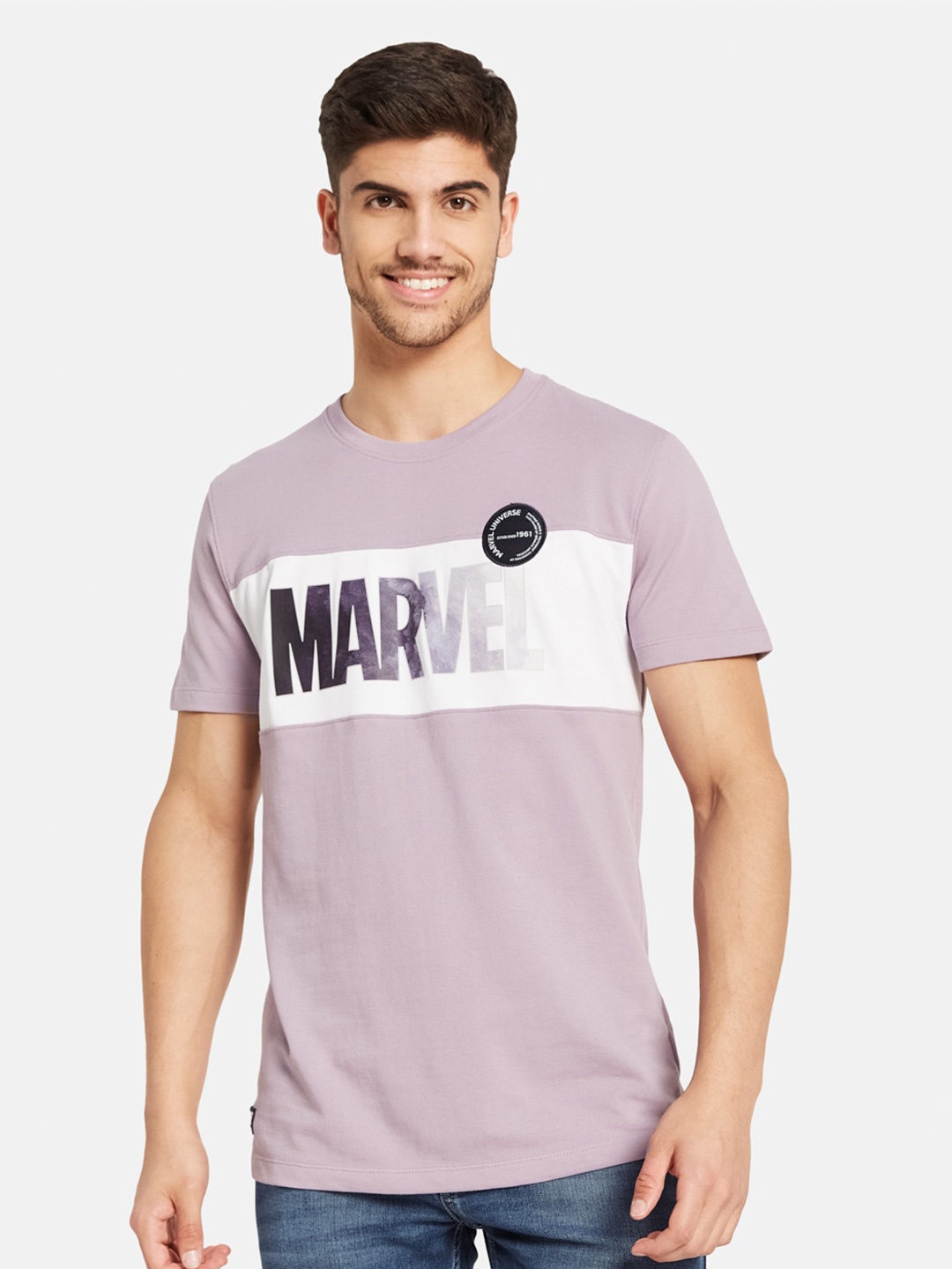 

Octave Typography Marvel Printed Cotton T-shirt, Purple