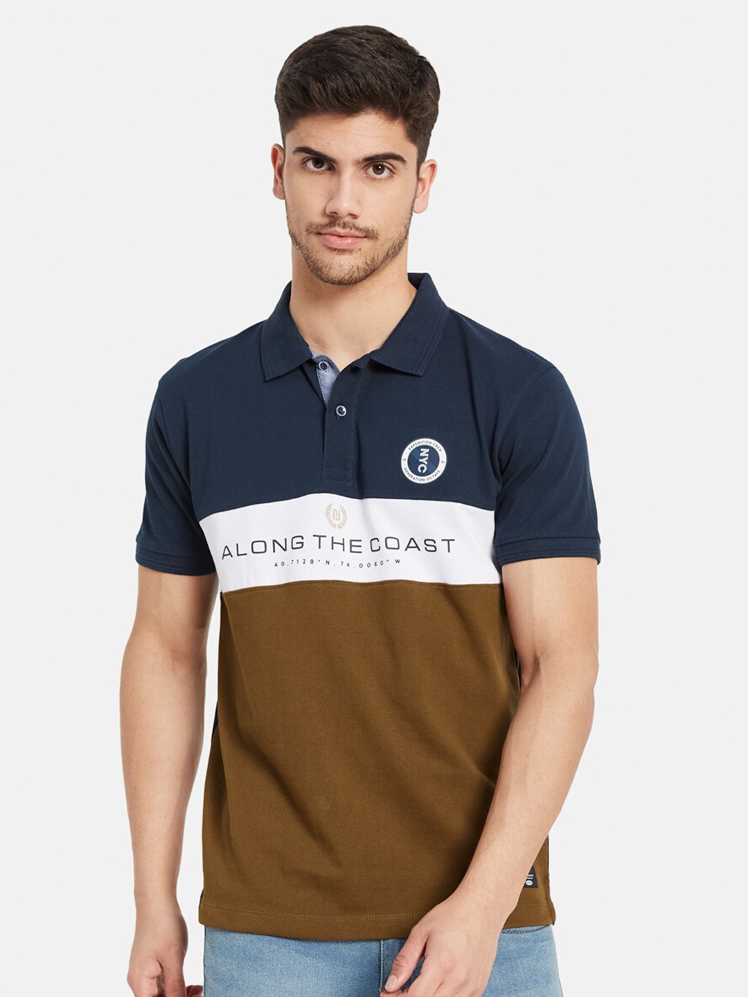 

Octave Men Brown Polo Collar Applique T-shirt
