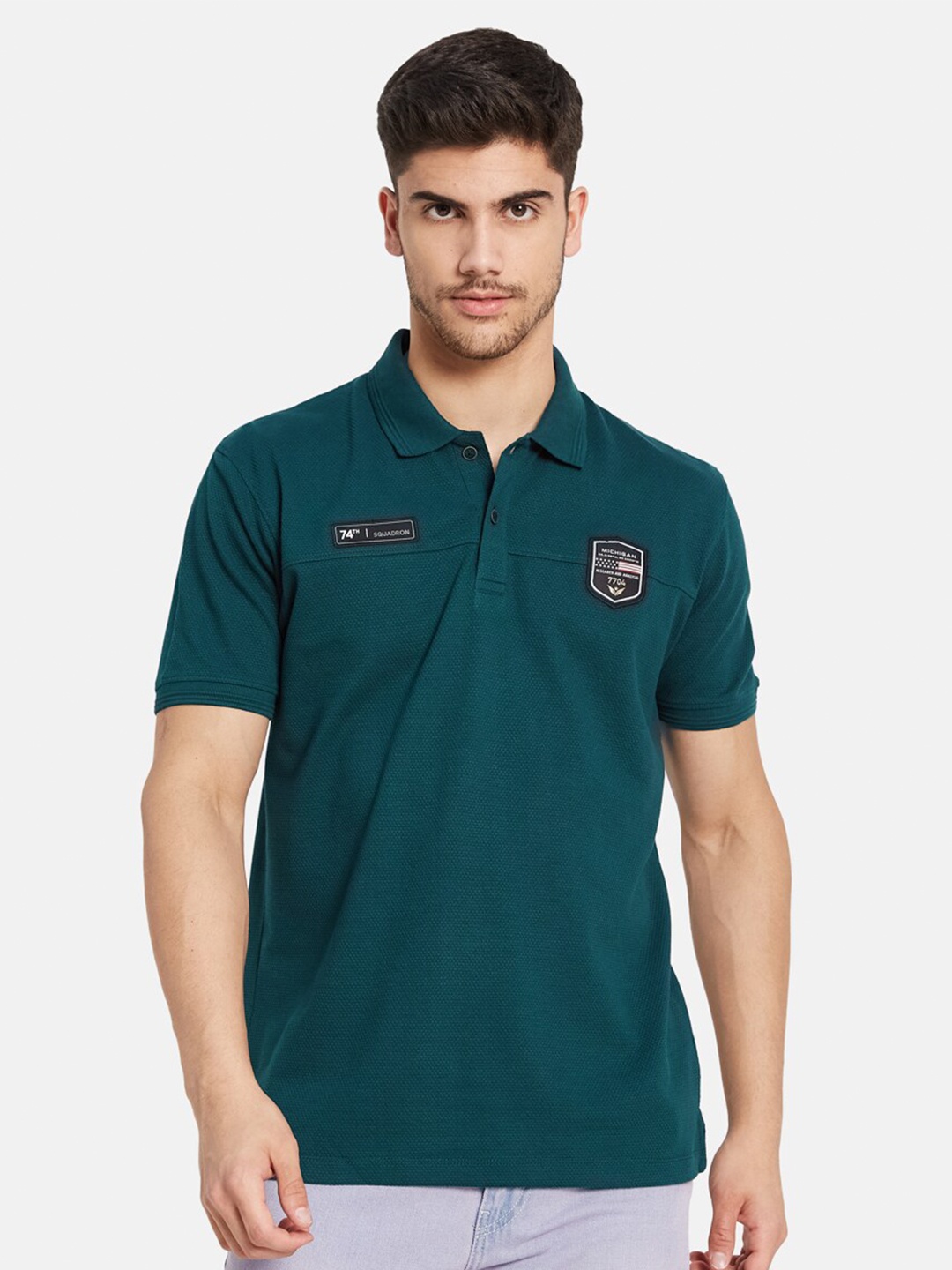 

Octave Men Green Polo Collar Applique T-shirt