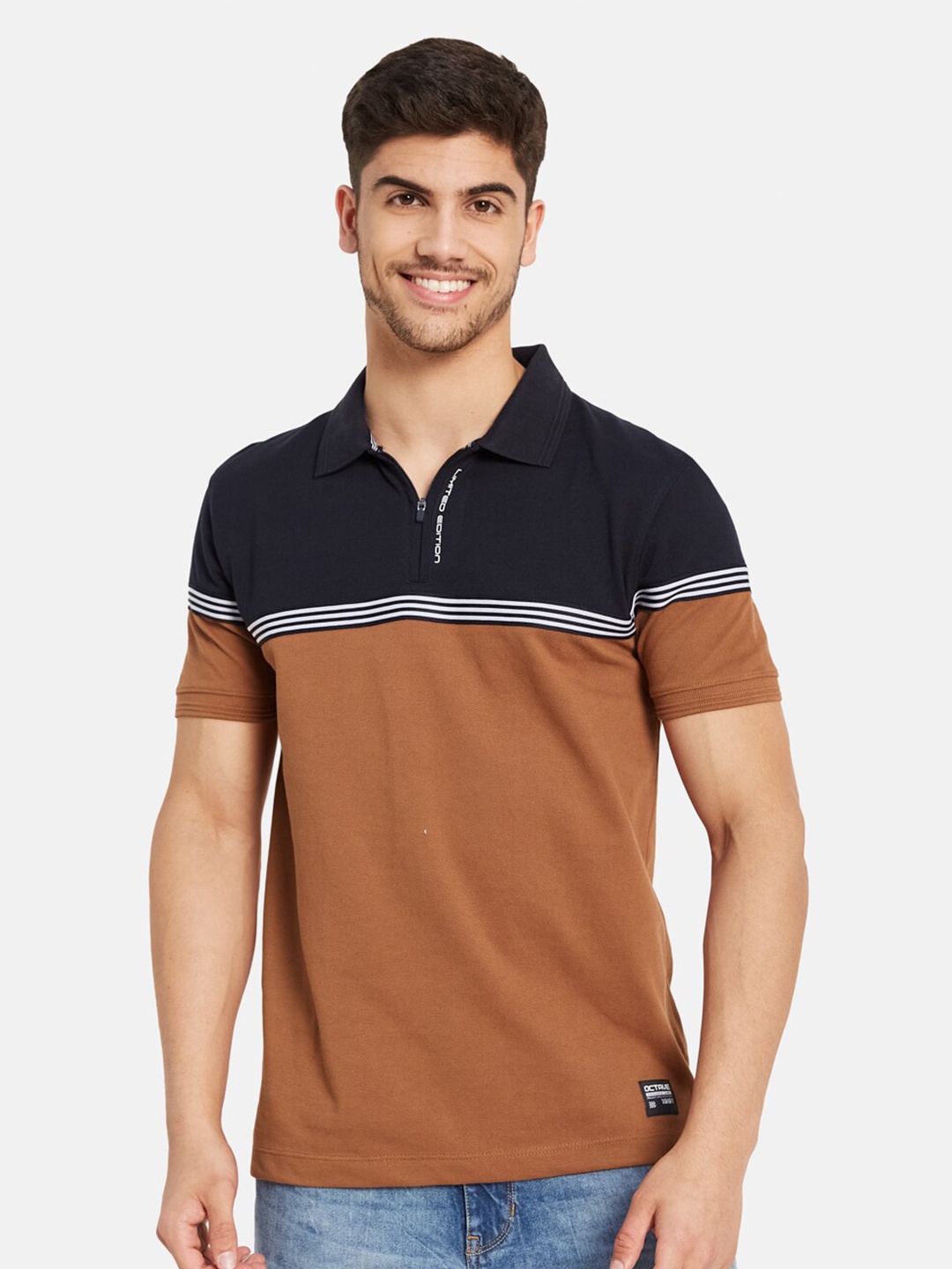 

Octave Men Rust Colourblocked Mandarin Collar Pockets T-shirt