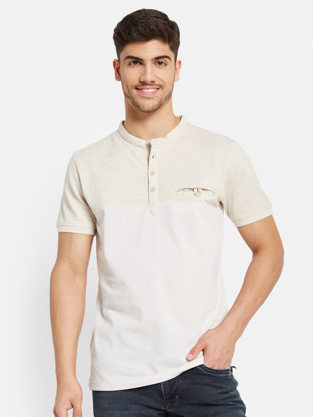 

Octave Striped Henley Neck Cotton T-shirt, Cream