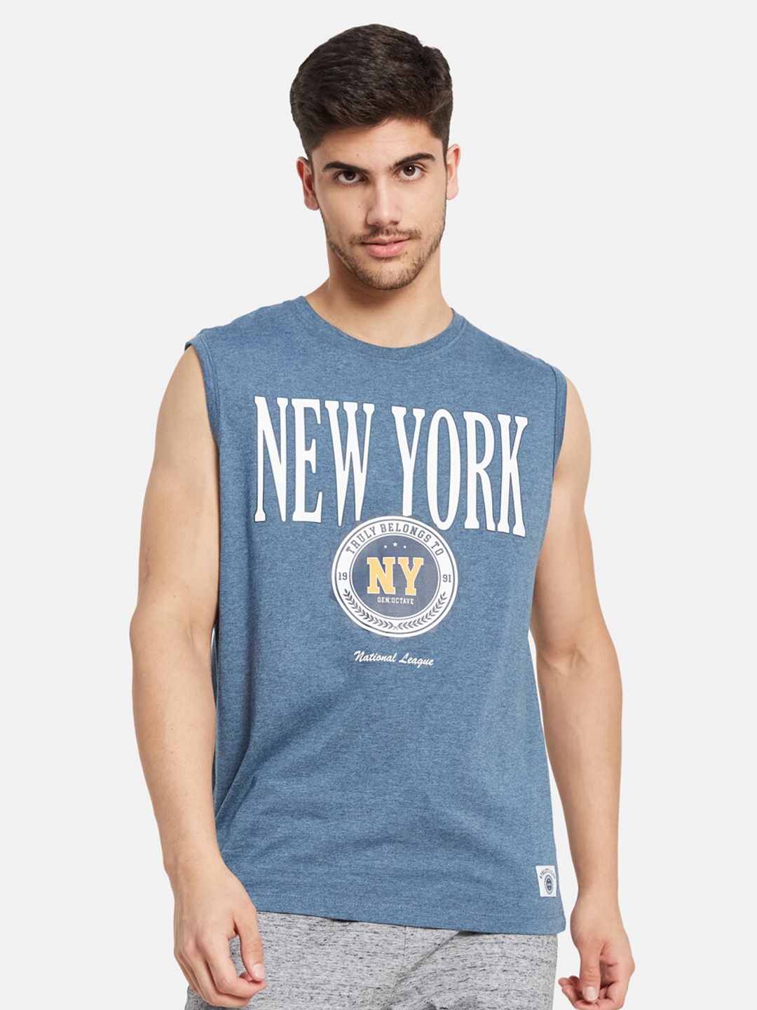 Octave Men Blue Typography Printed Hooded Applique T-shirt
