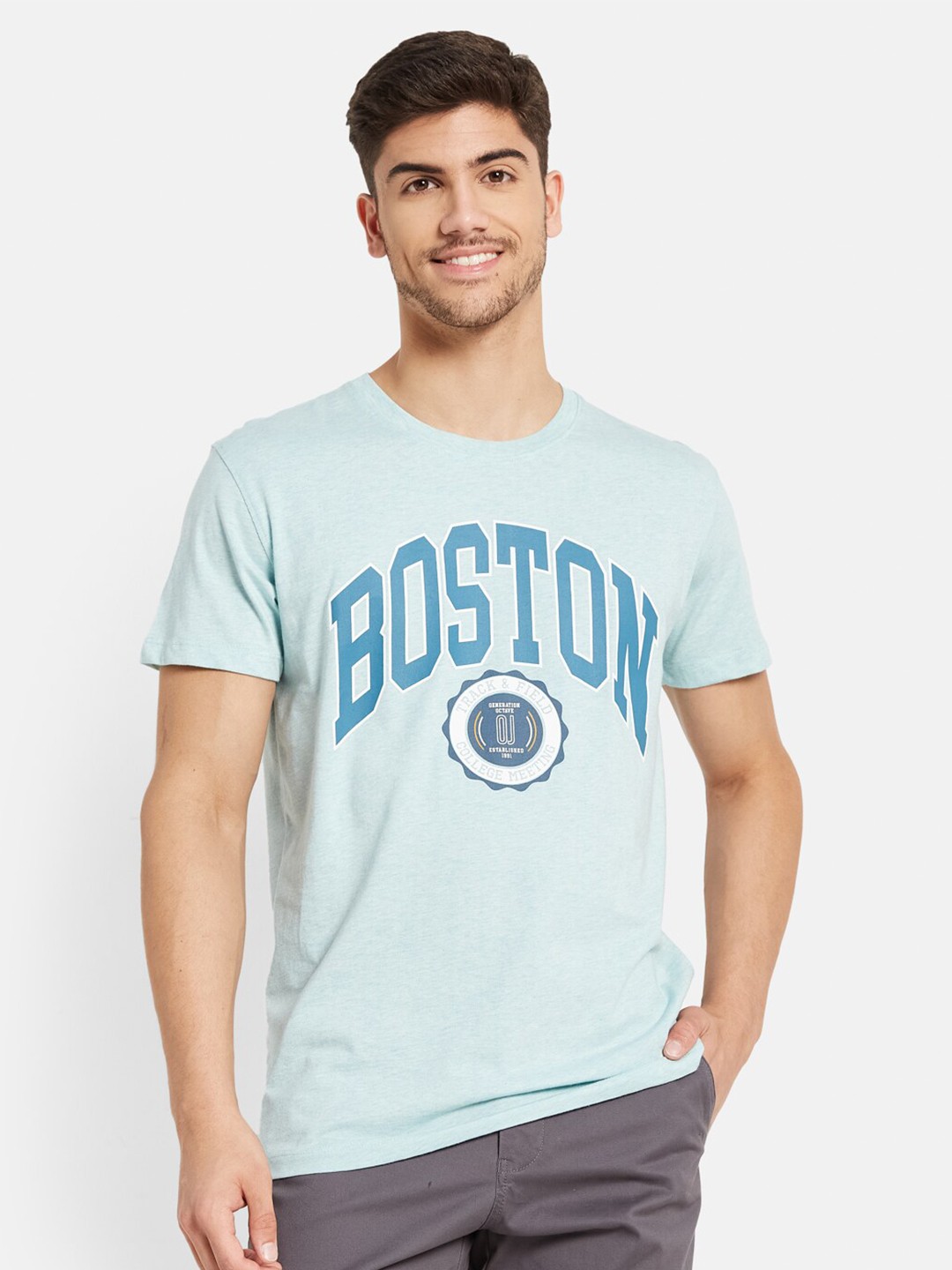 

Octave Men Blue Typography Printed Applique T-shirt