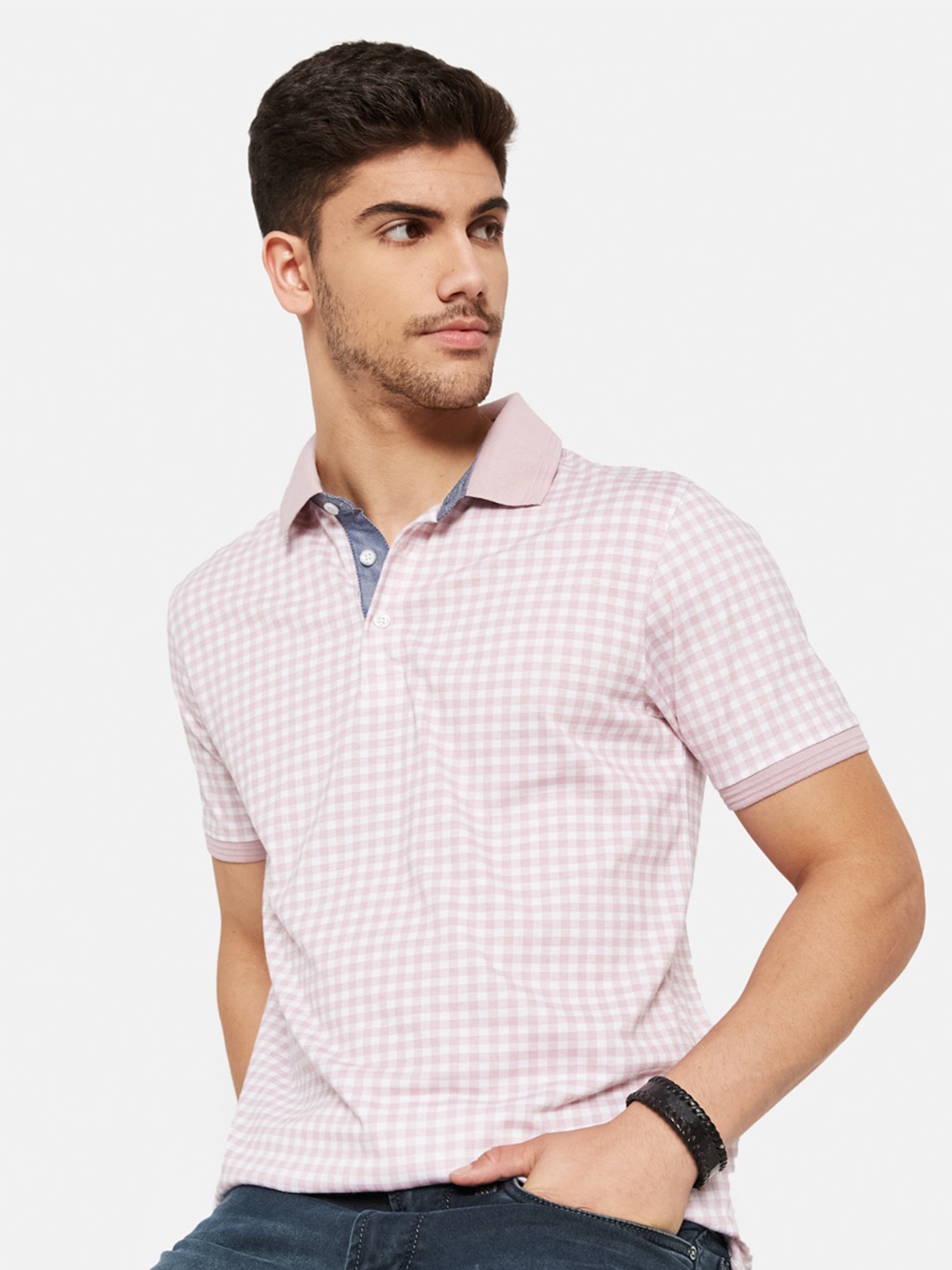 

Octave Men Pink Polo Collar Pockets T-shirt