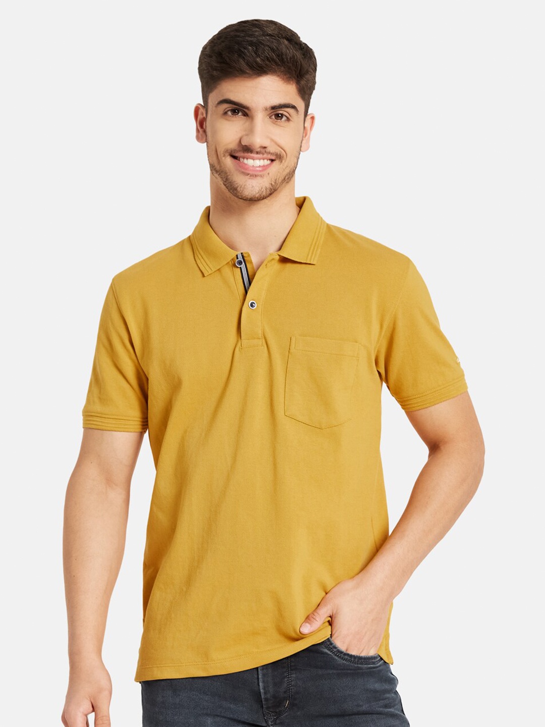 

Octave Men Yellow Mandarin Collar Drop-Shoulder Sleeves Pockets T-shirt