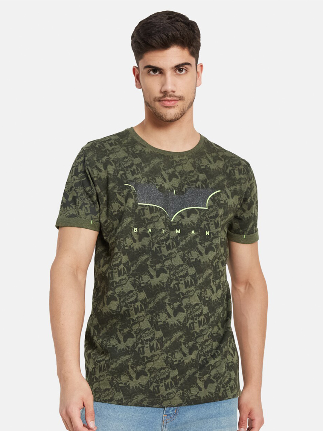 

Octave Men Olive Green Camouflage Batman Printed V-Neck Pockets T-shirt