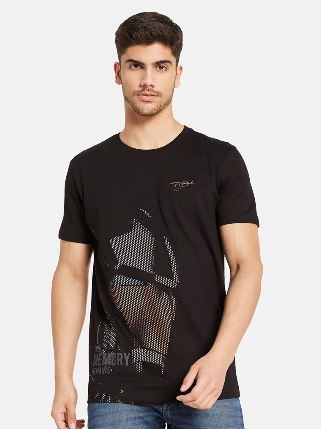 

Octave Abstract Printed Round Neck Cotton Casual T-shirt, Black