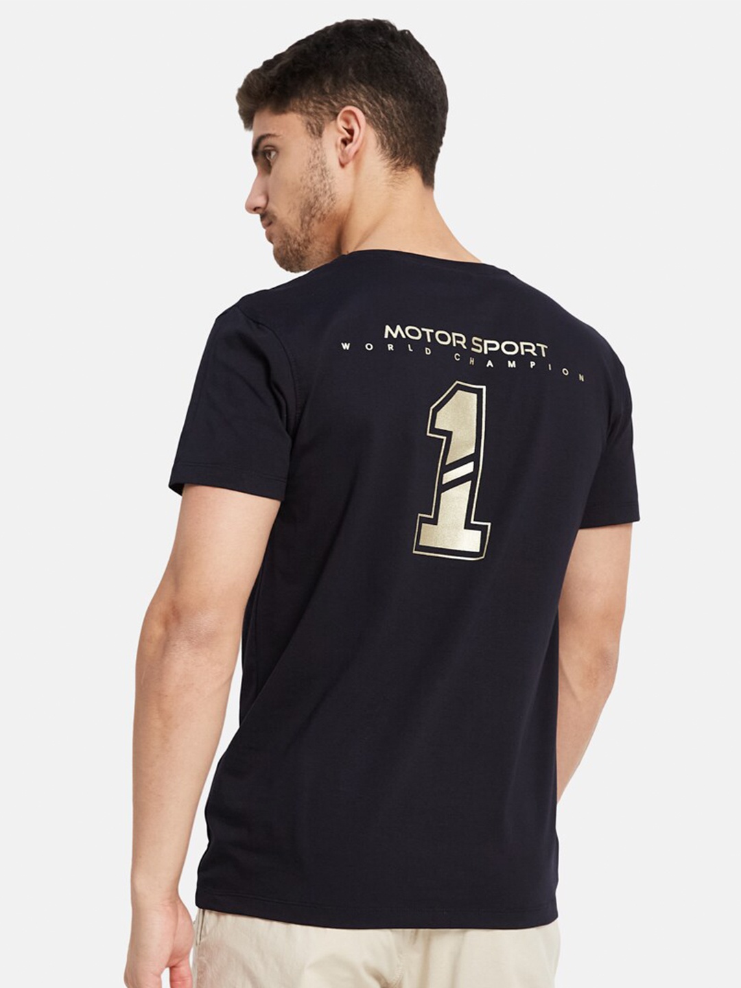 

Octave Typography Printed Polo Collar Cotton T-shirt, Black