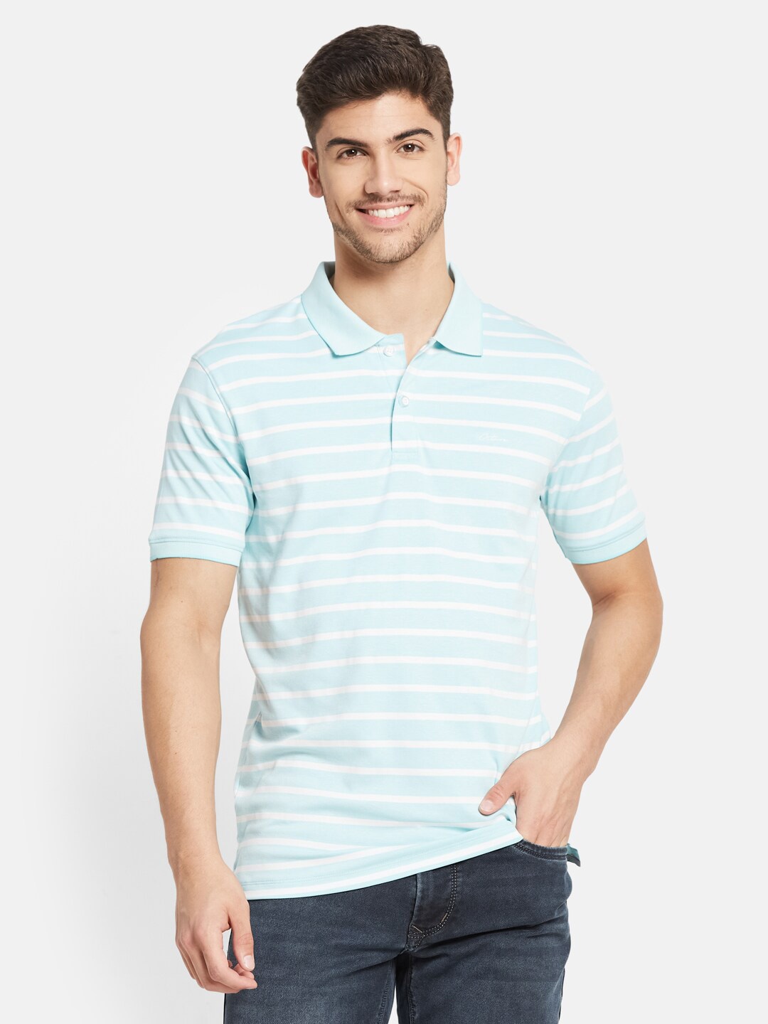 

Octave Striped Polo Collar Cotton T-shirt, Blue