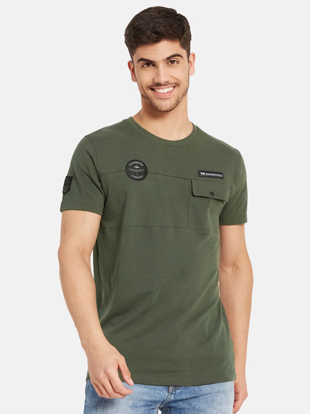 

Octave Round Neck Pockets Cotton T-shirt, Olive