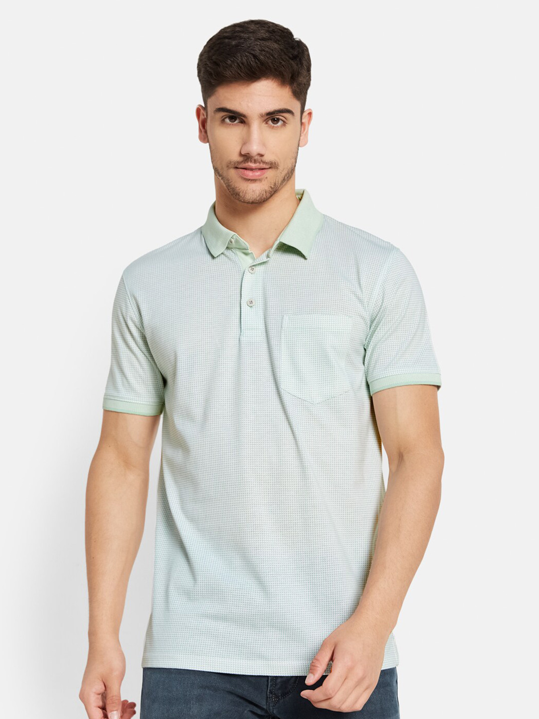 

Octave Geometric Printed Polo Collar Cotton T-shirt, Green