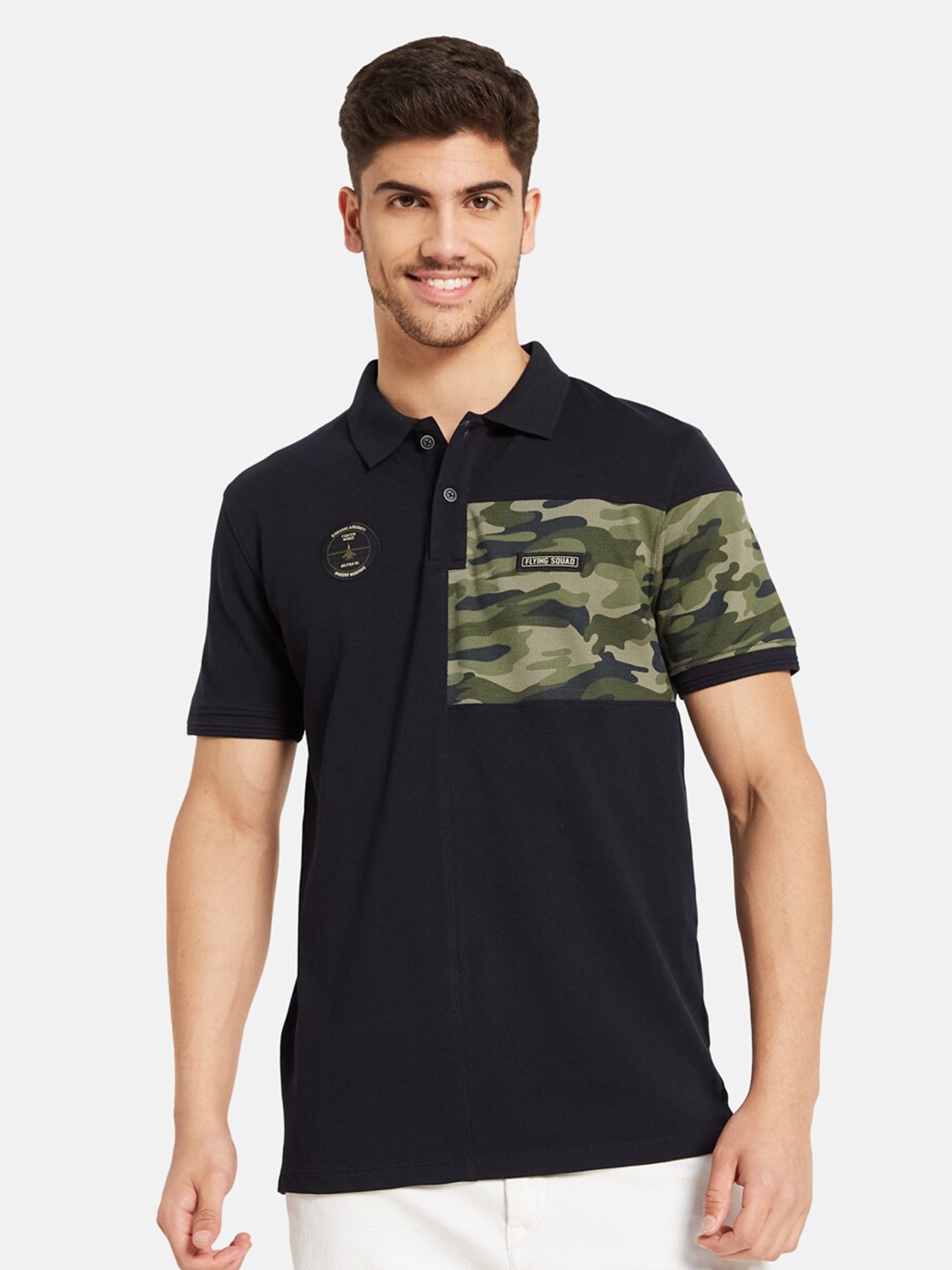 

Octave Camouflage Printed Polo Collar Casual Cotton T-shirt, Navy blue