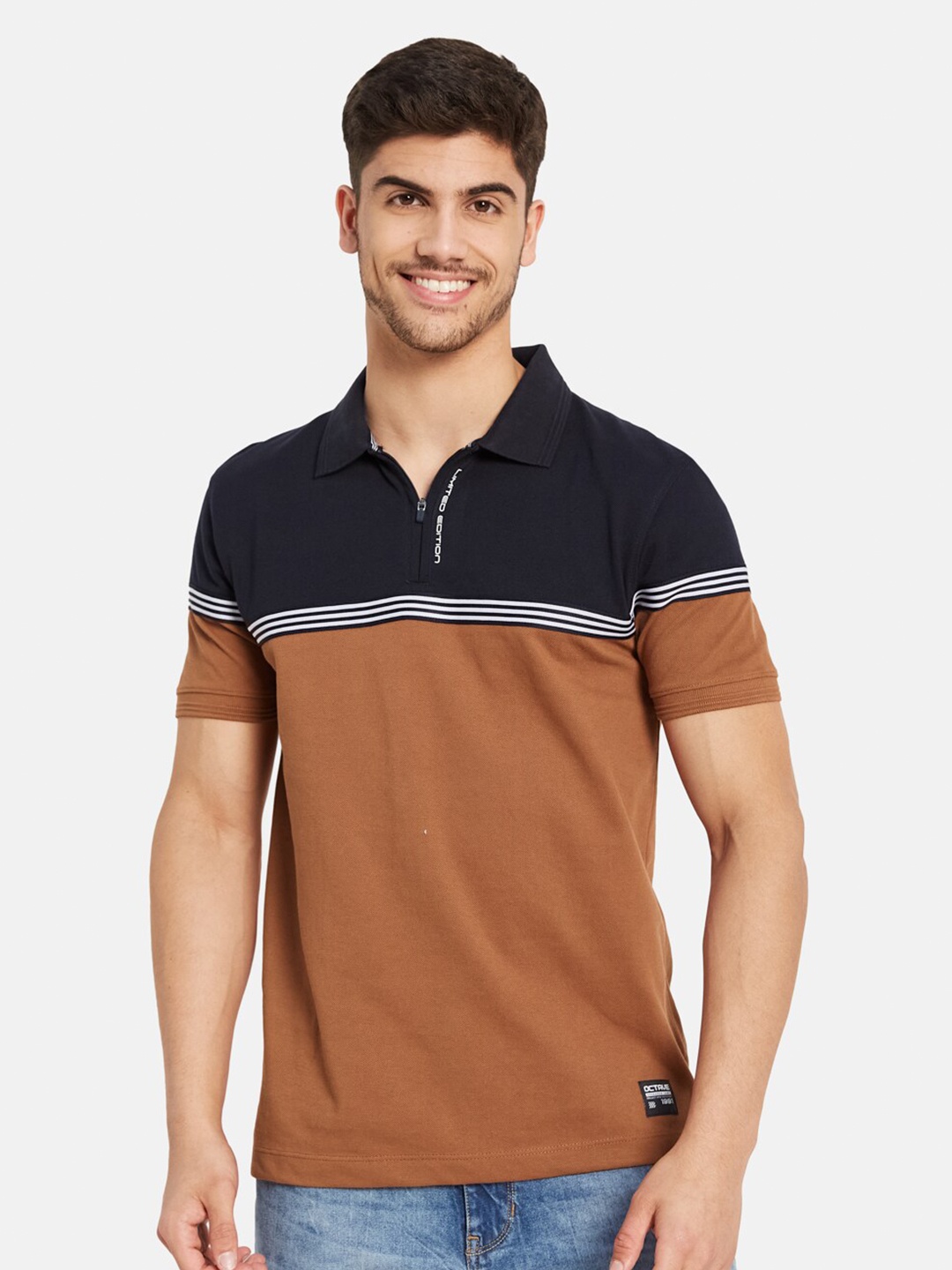 

Octave Colourblocked Polo Collar Casual Cotton T-shirt, Rust