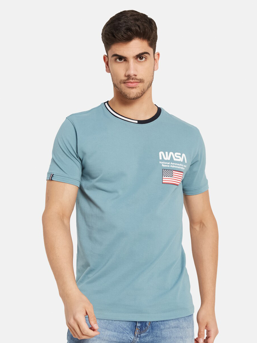 

Octave Nasa Typography Printed Cotton T-shirt, Blue
