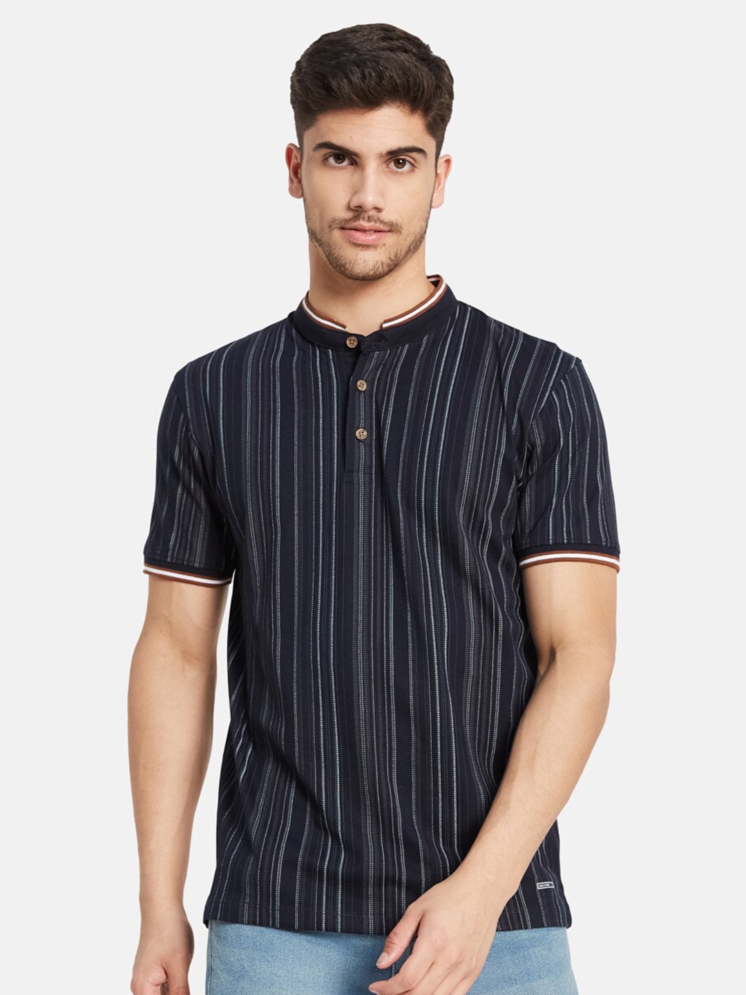 

Octave Striped Band Collar Cotton T-shirt, Navy blue