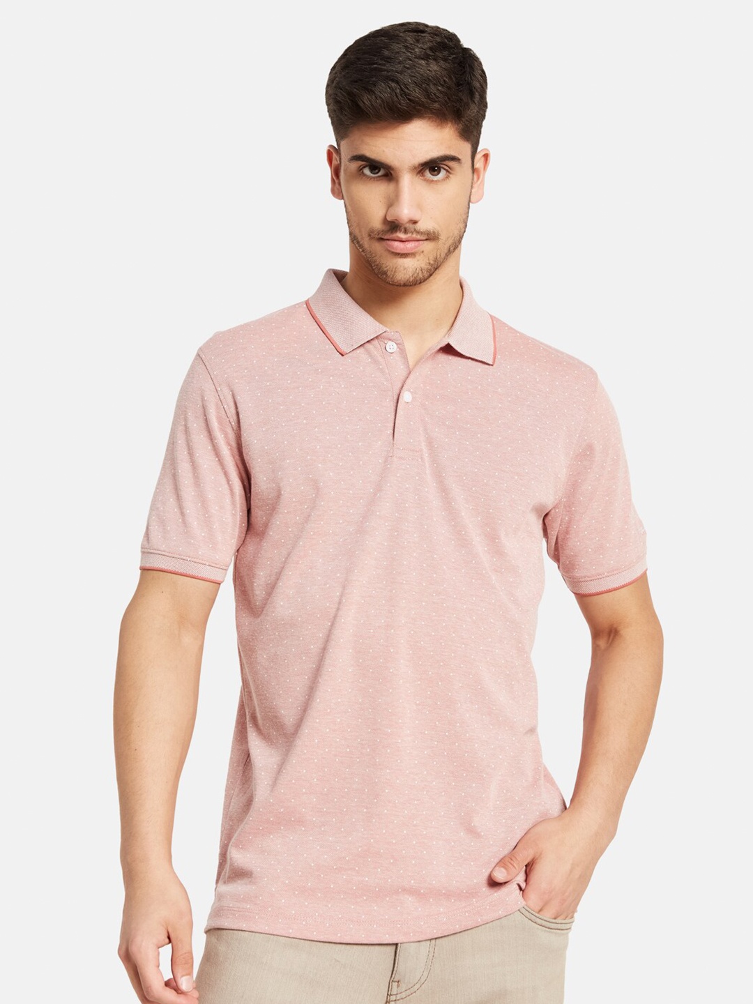 

Octave Micro Ditsy Printed Polo Collar Cotton T-shirt, Pink