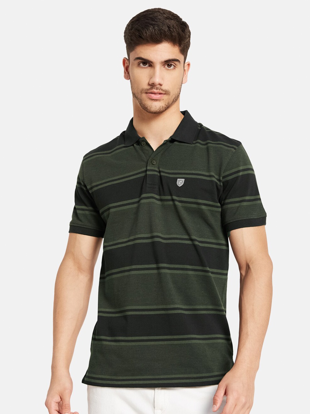 

Octave Men Olive Green Striped Polo Collar Applique T-shirt