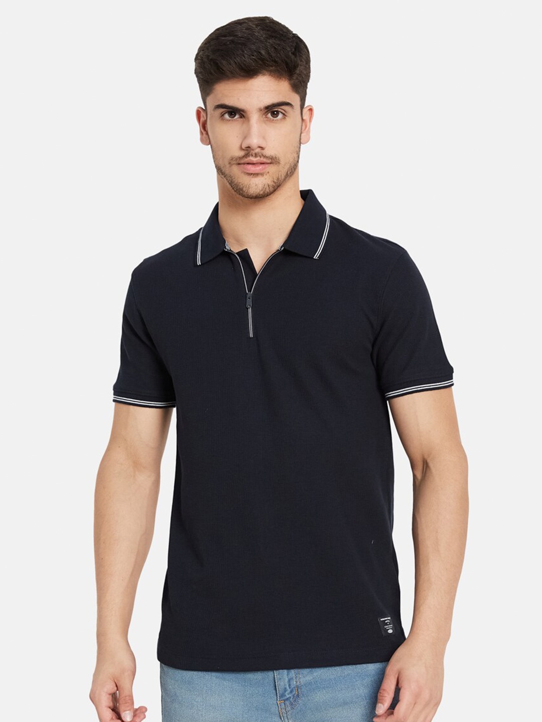 

Octave Men Navy Blue Polo Collar Pockets T-shirt
