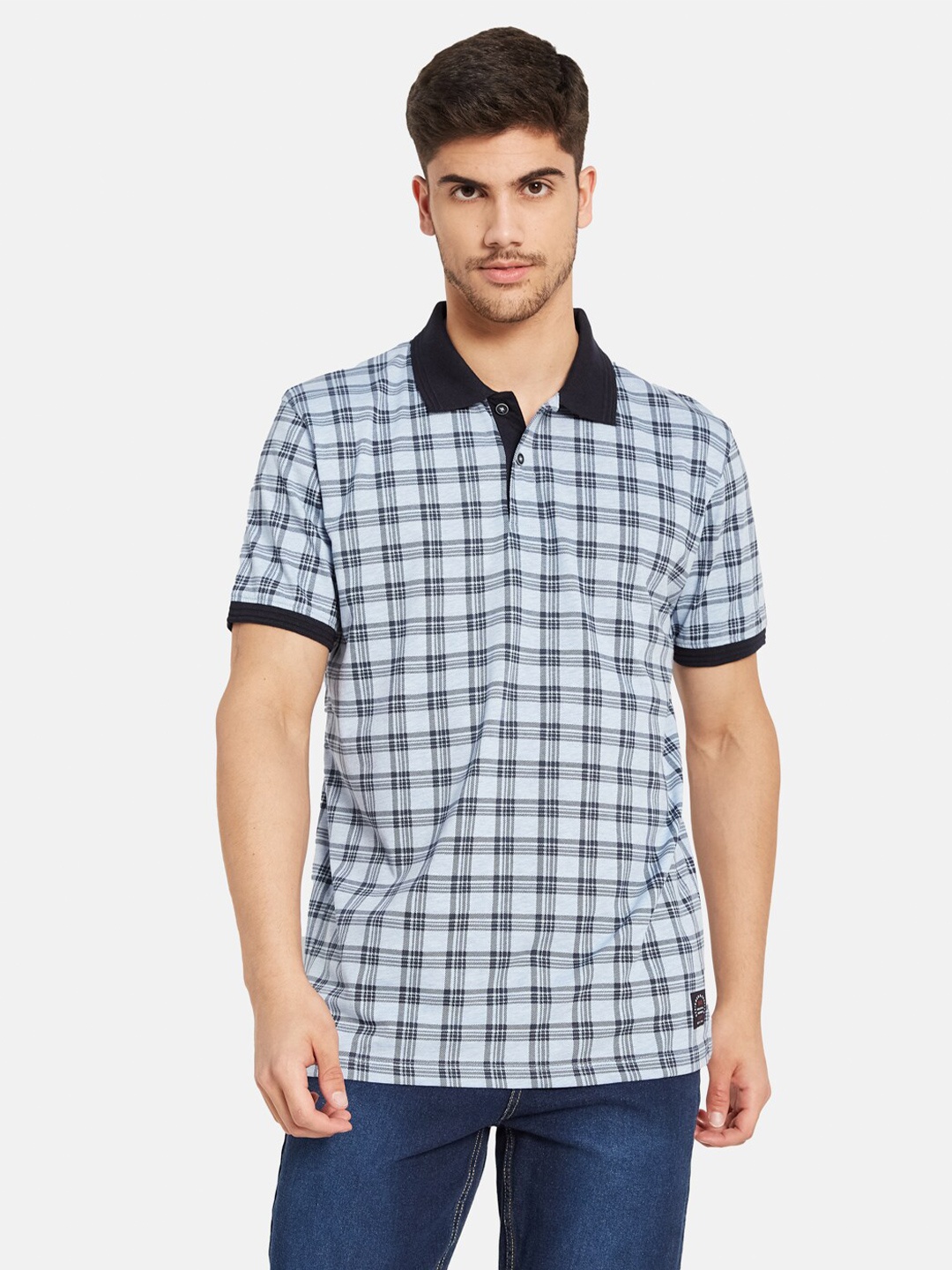 

Octave Checked Polo Collar Cotton T-shirt, Blue