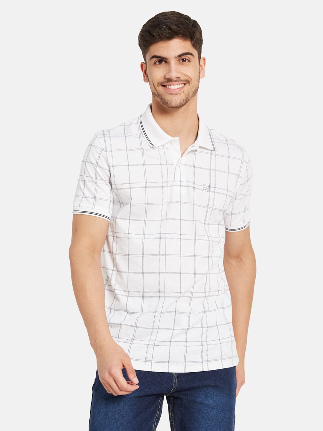 

Octave Checked Polo Collar Cotton T-shirt, White