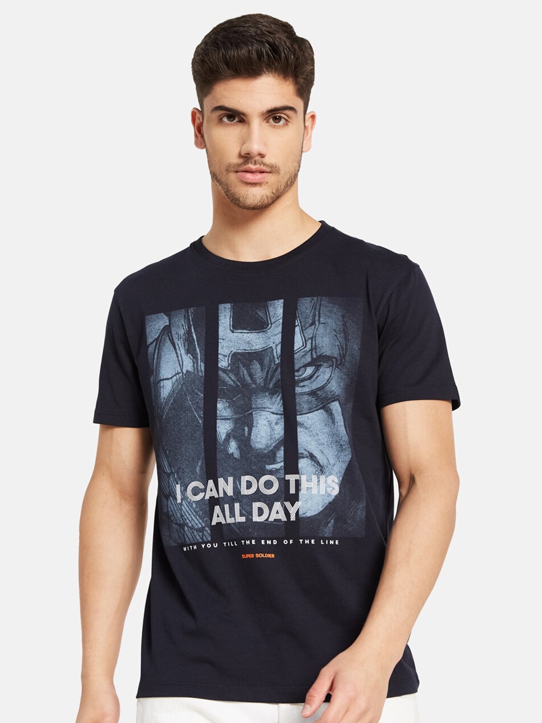 

Octave Captain America Printed Cotton T-shirt, Navy blue