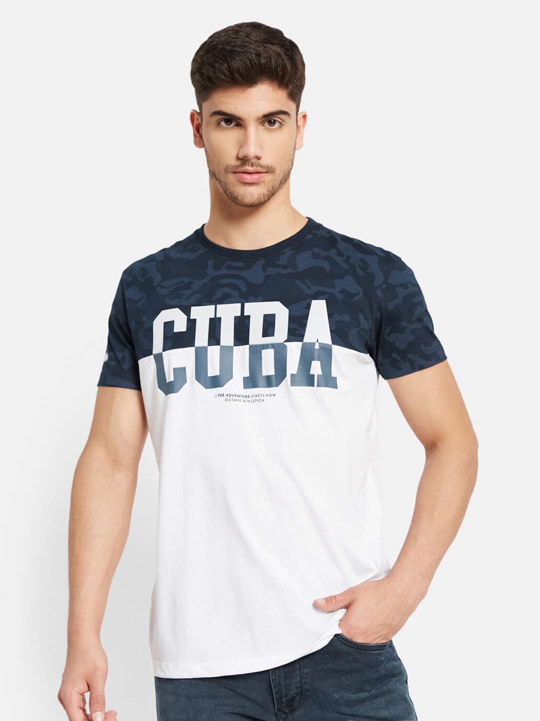 

Octave Round Neck Graphic Printed Cotton T-shirt, White