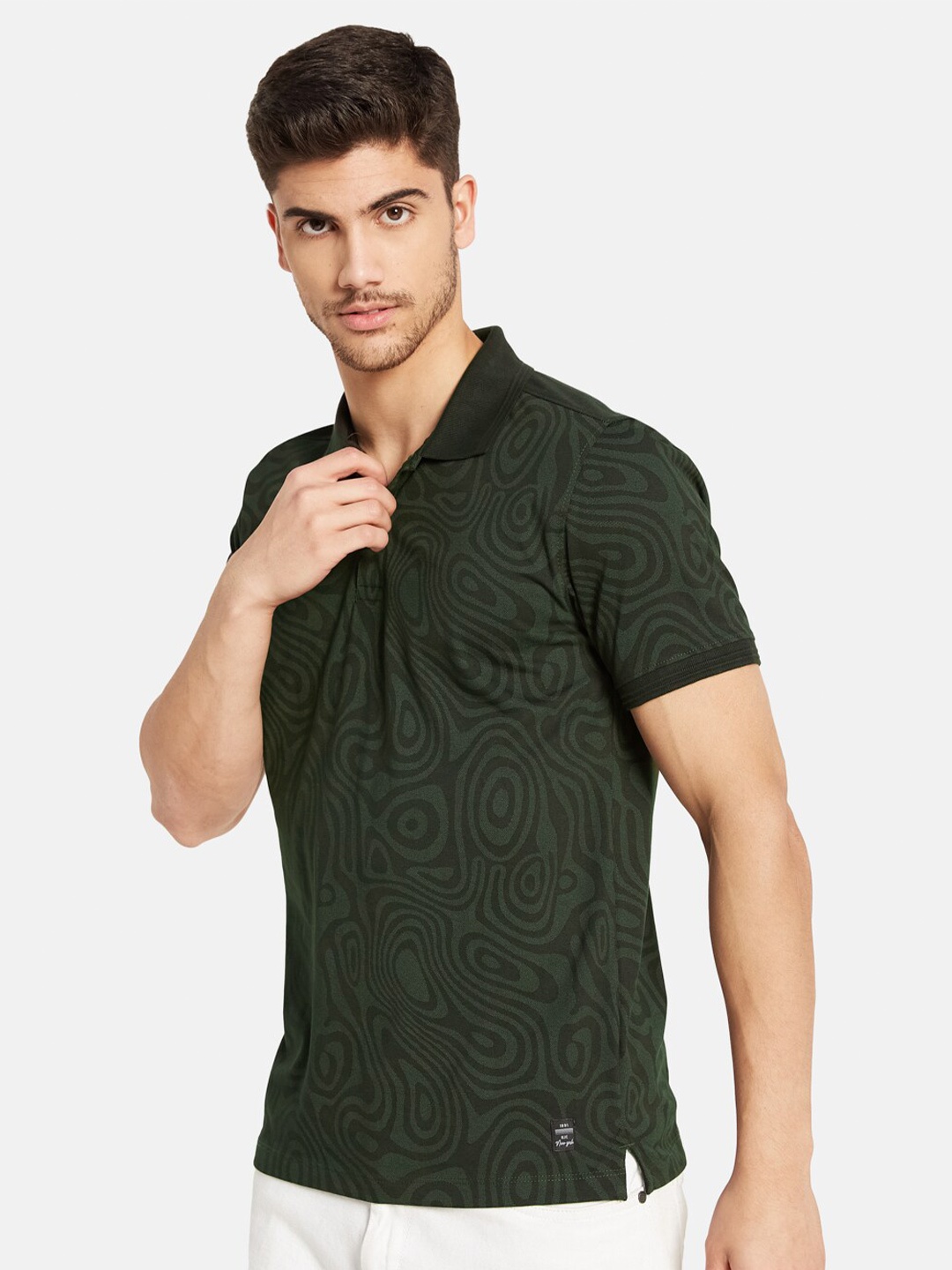 

Octave Abstract Printed Polo Collar Pure Cotton T-shirt, Olive