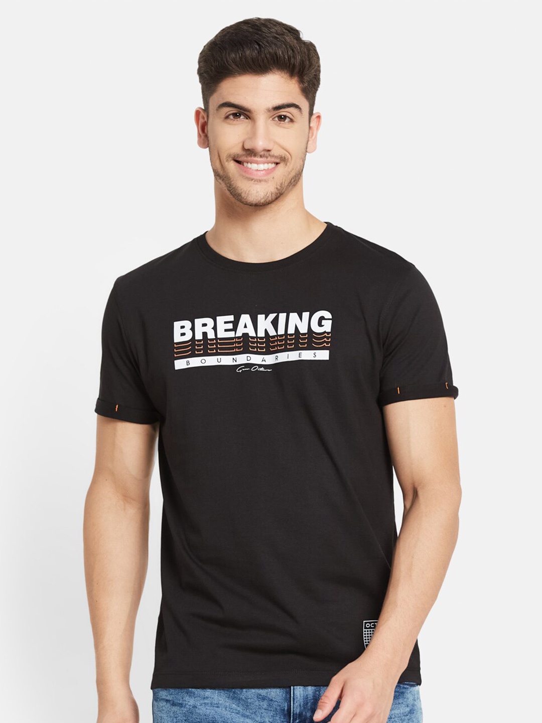 

Octave Typography Printed Cotton T-shirt, Black