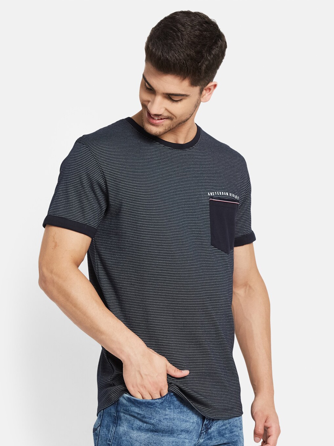 

Octave Horizontal Striped Cotton T-shirt, Navy blue