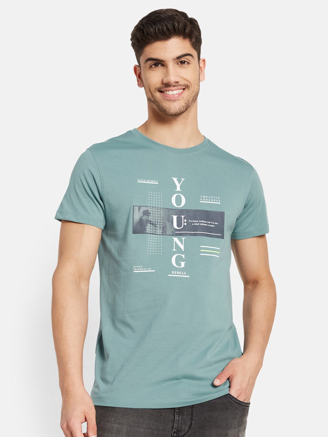 

Octave Typography Printed Cotton Casual T-shirt, Blue