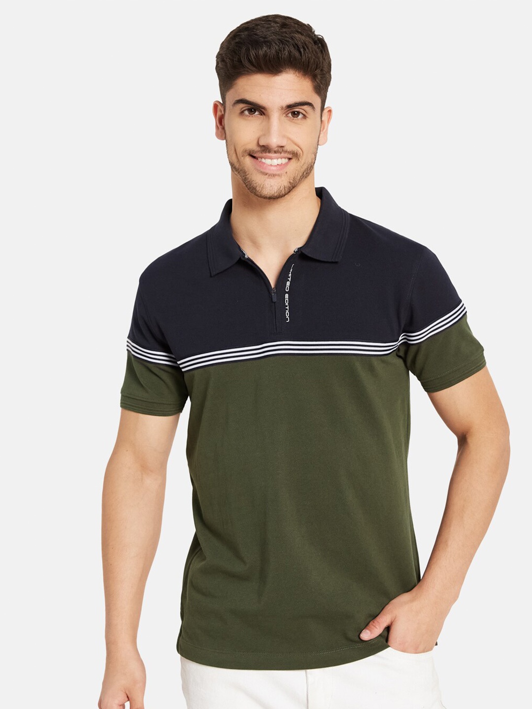 

Octave Colourblocked Polo Collar Cotton T-shirt, Olive