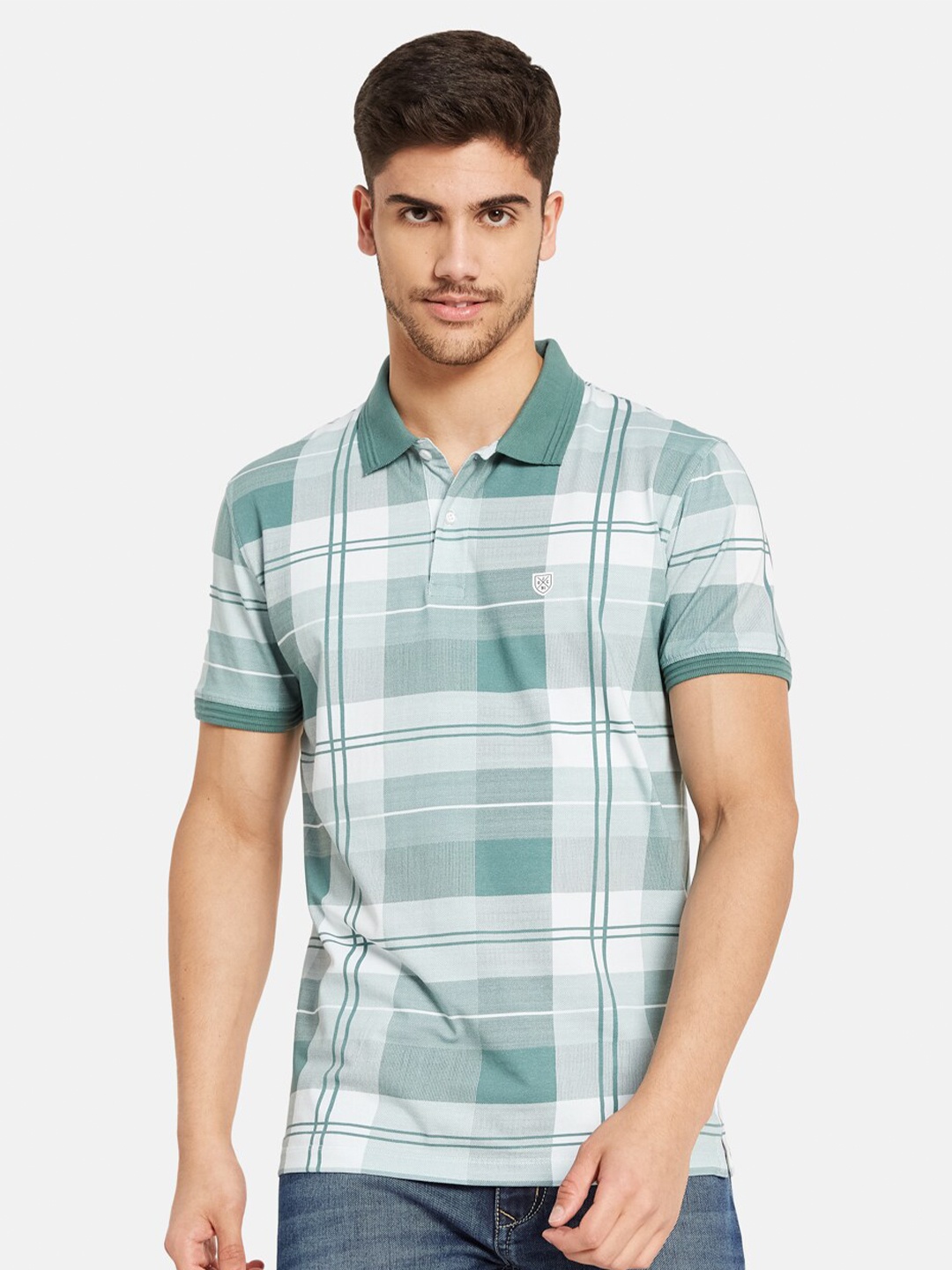 

Octave Checked Polo Collar Cotton T-shirt, Sea green