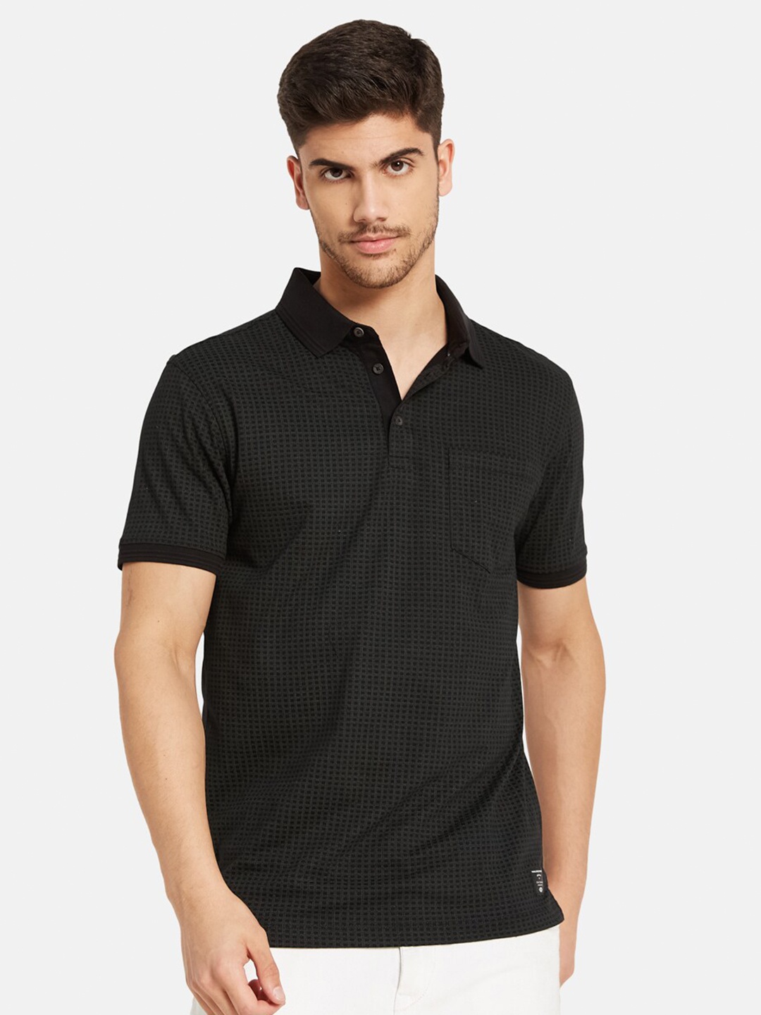 

Octave Checked Polo Collar Cotton T-shirt, Black